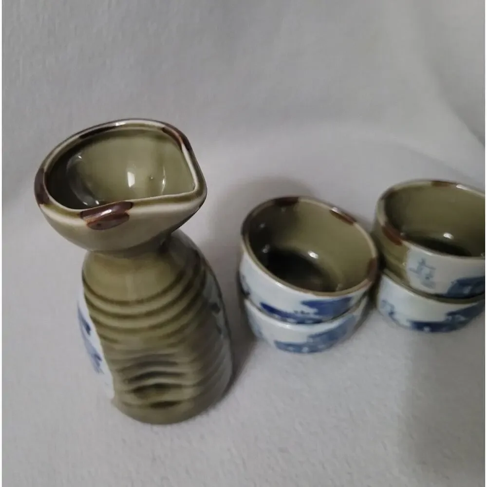 Vtg Set 5 Sake Rice Green Pottery Japanese Drink Cups Pitcher Pinch Pottery